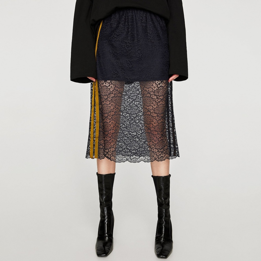 Zara Black Lace Midi Skirt with Gold Side Stripe